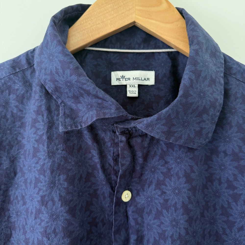 Peter Millar Men XXL Navy Blue Floral Short Sleeve Button Down Shirt
